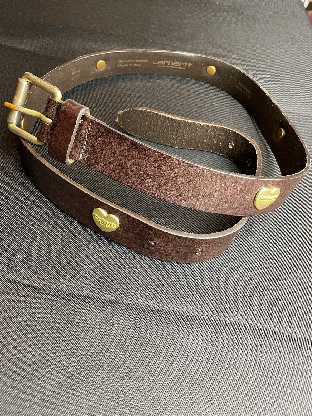 Carhartt Tylor leather belt WIP Brown with Heart Studs small made in Italy